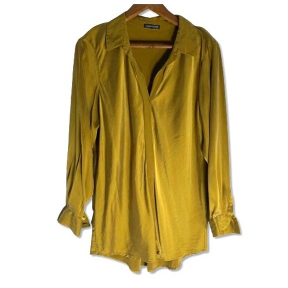 Eileen Fisher Classic Collared Long Sleeve Silk Relaxed Blouse Topaz/Green Gold - Picture 1 of 7